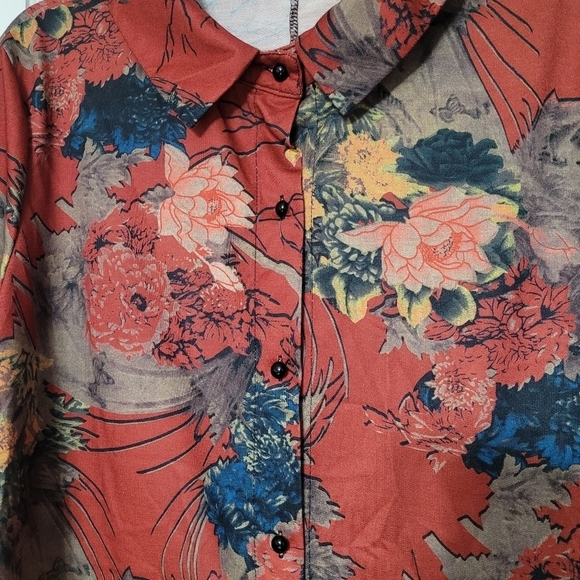 Emory Rose Orange Floral Button Down Long Sleeve Shirt Dress With Pockets Large - Picture 3 of 9